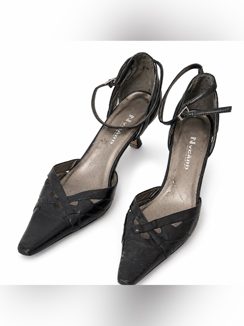 Nygard Collection Black Leather Pointed Toe Ankle Strap Kitten Heels Women’s 8.5